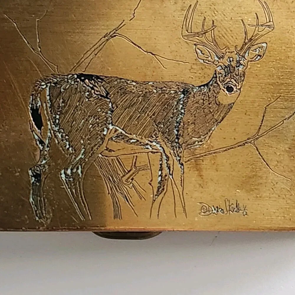 Vtg Deer in Wood Scene Solid Brass Belt Buckle Signed By Artist Donovan J Kindle